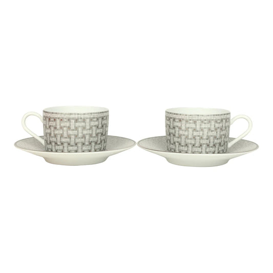 Hermes "Mosaique Au 24" White & Grey Porcelain Tea Cup and Saucer Set