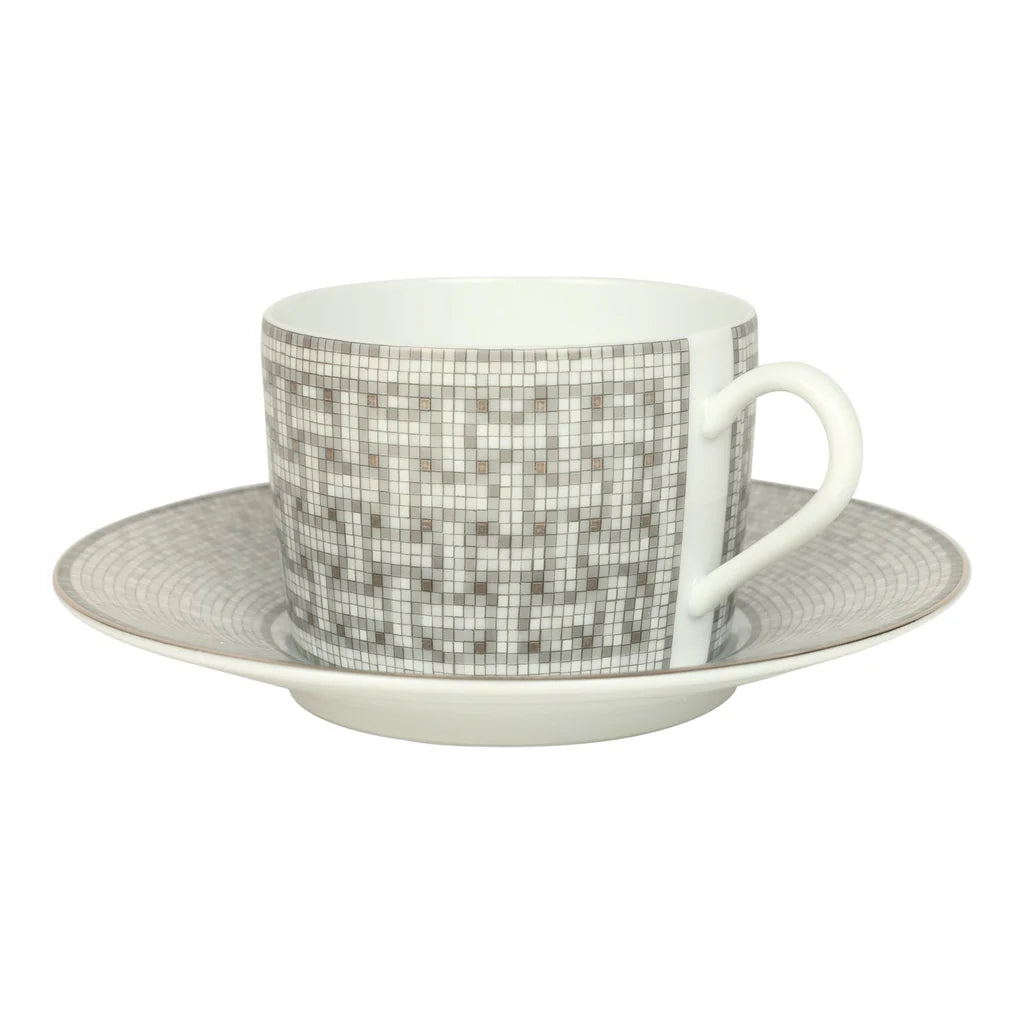Hermes "Mosaique Au 24" White & Grey Porcelain Tea Cup and Saucer Set