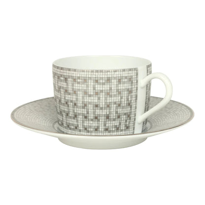 Hermes "Mosaique Au 24" White & Grey Porcelain Tea Cup and Saucer Set