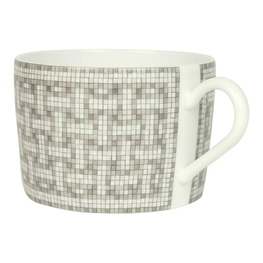Hermes "Mosaique Au 24" White & Grey Porcelain Tea Cup and Saucer Set