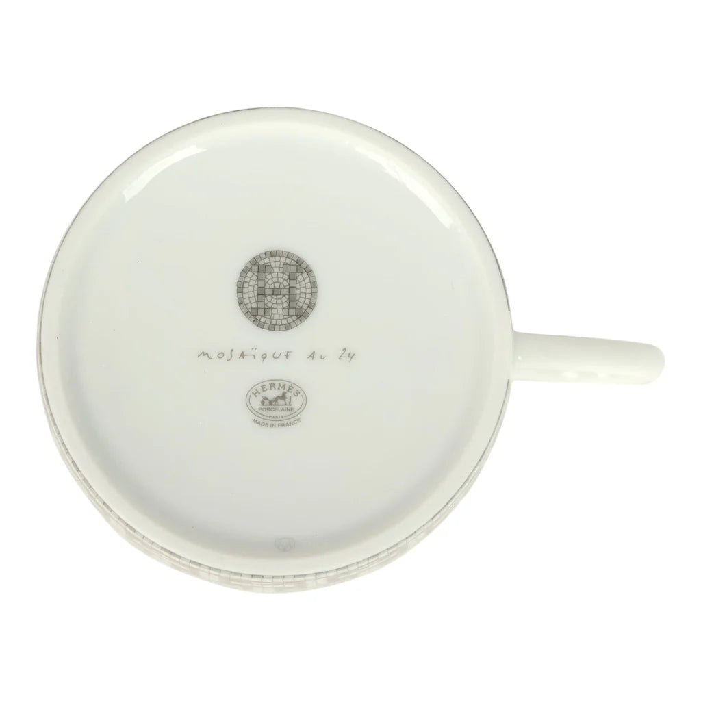Hermes "Mosaique Au 24" White & Grey Porcelain Tea Cup and Saucer Set